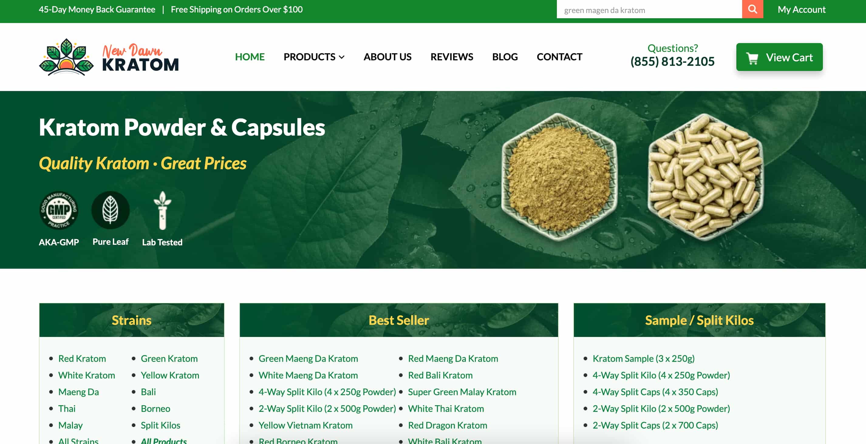 New Dawn Kratom powder and capsule products display showing various strain options